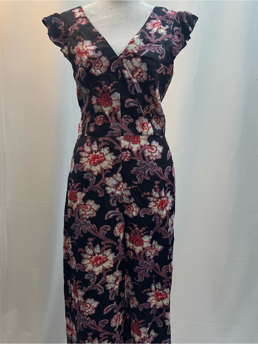 Club Monaco Black Floral Jumpsuit with blue,red and Cream Accents 2